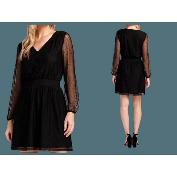 Danielrainn Black V Neck Polka Dot Sheer Long Sleeve Dress Women Large - Picture 1 of 11
